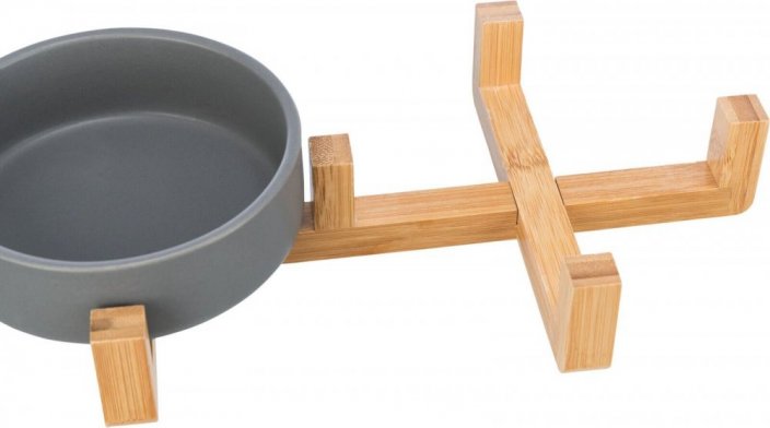 Set of ceramic bowls 2 x 0.3l in a wooden stand 31 x 6 x 16 cm, grey/natural