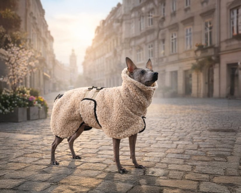 SHERPA TAIL-UP COAT – beránková bunda pro psy s ocáskem nahoru