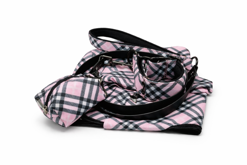 PINK CHECK ICON COMPLETE SET – obojek, vodítko, zásobník na sáčky a pláštěnka