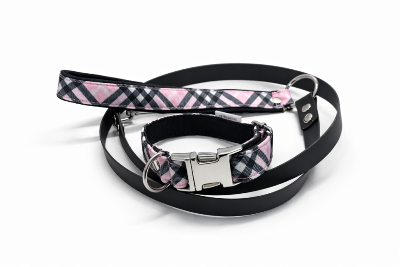 PINK CHECK ICON MINI WALK SET – obojek (2cm) se sponou, vodítko