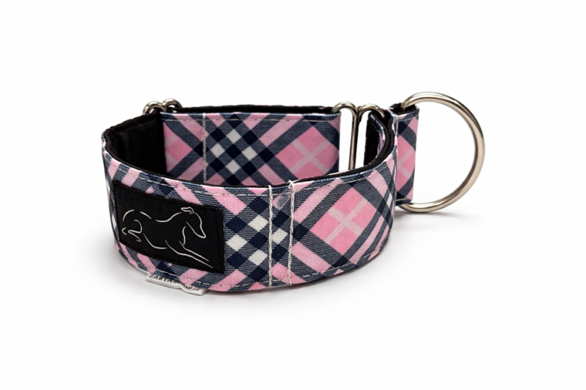 PINK CHECK ICON – polostahovací obojek pro psy (5 cm, stříbrné kování)
