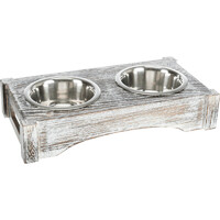 Set of stainless steel bowls in a wooden stand
