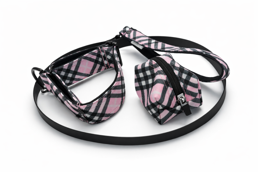 PINK CHECK ICON WALK SET – obojek (4cm), vodítko a zásobník na sáčky