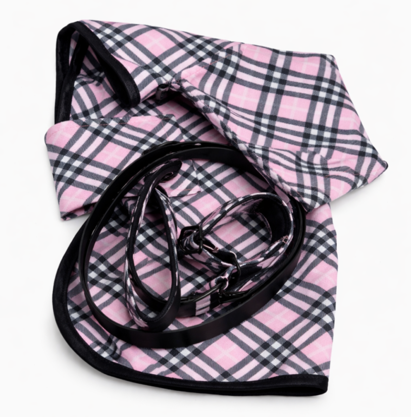 PINK CHECK ICON COMPLETE SET – obojek, vodítko, zásobník na sáčky a pláštěnka